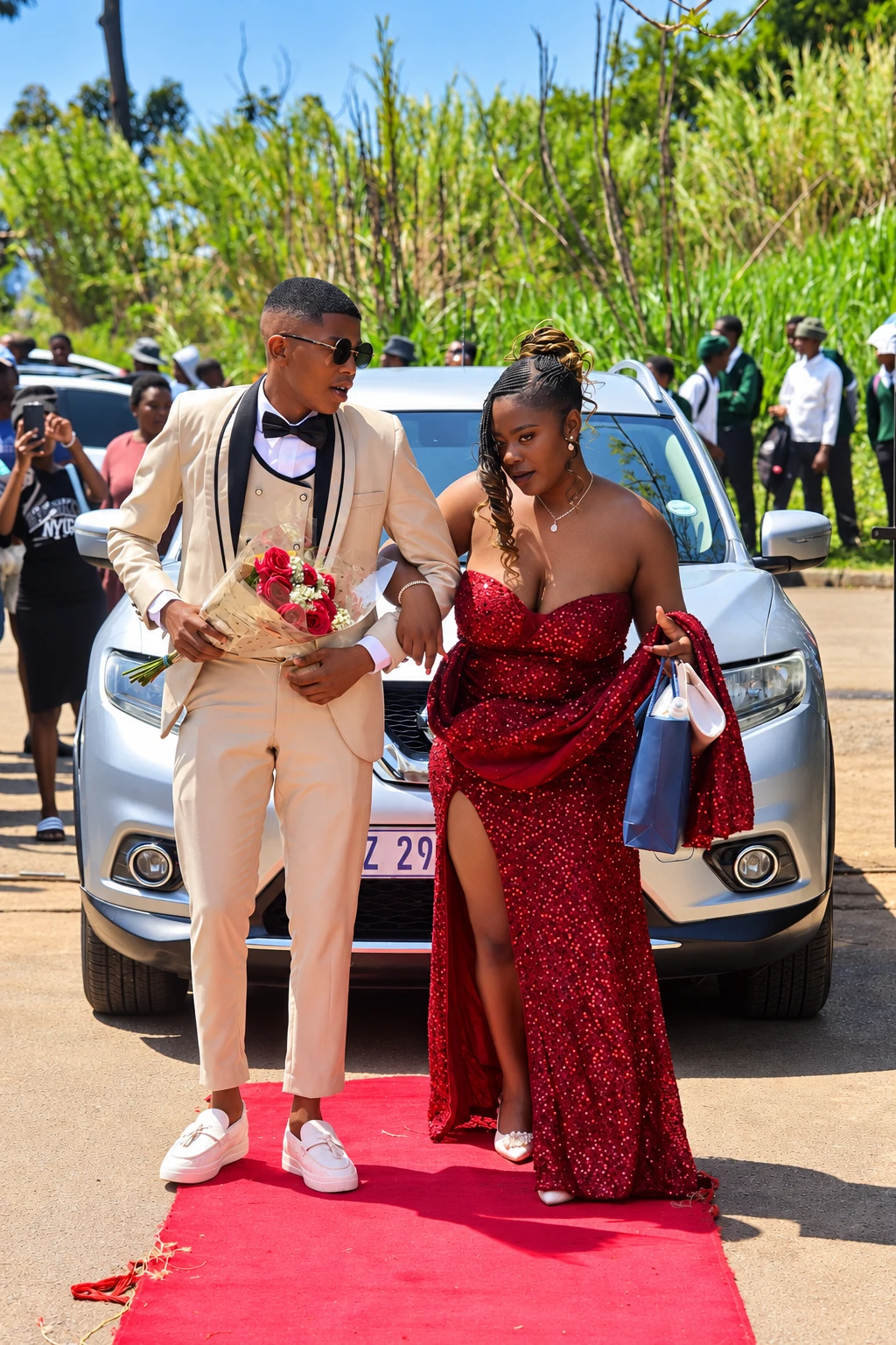 A matric dance couple is walking beside a silver car at an outdoor school event.